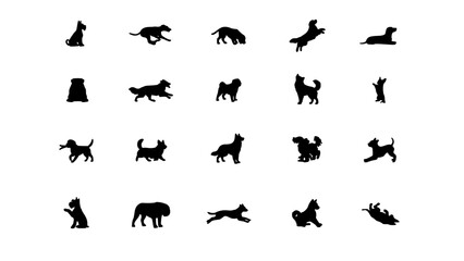 Fototapeta premium Dogs in Various Poses and Activities as Black Silhouettes Featuring Dog, Silhouette, Animal with Pet and Canine Elements