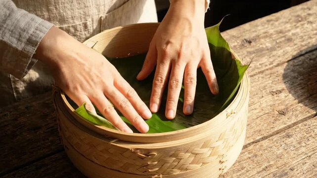 Hands laying banana leaf bamboo steamer basket wooden table with natural light traditional cooking preparation calm peaceful organic kitchen close up