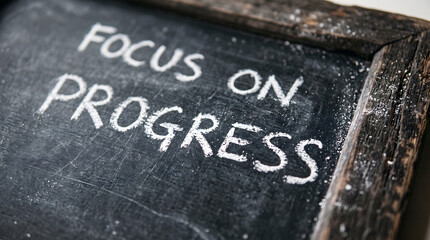 Fototapeta premium Handwritten chalk focus on progress motivational quote on blackboard. Inspirational business growth mindset message for productivity and success pl...