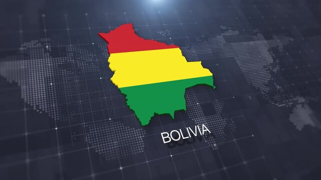 Bolivia map with national flag on digital world map background, geographic border, global political and international news concept