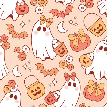 Cute Halloween ghost with candy basket on floral background. Hand drawn ghost girl with retro flowers. Seamless vector pattern for textile, wallpaper or print design.