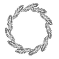 Pencil sketch of a delicate circular feather wreath with an empty copy space in the center. Perfect for elegant greeting cards, minimalist wedding invitations, and cottagecore wall decor. © Margarita