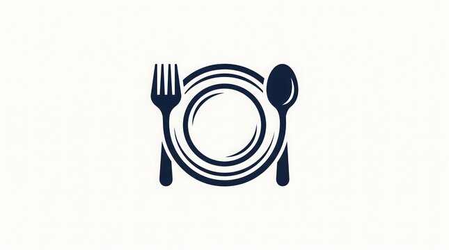 A minimalist vector icon design featuring a clean white plate centered between a classic four-pronged fork on the left and a round spoon on the right