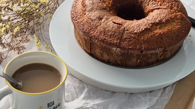 Fresh homemade cake served with a cup of coffee, perfect for breakfast or an afternoon snack. Warm, comforting and inviting homemade food concept.