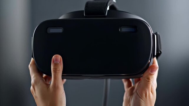 Exploring virtual reality: hands adjusting headset for immersive experience