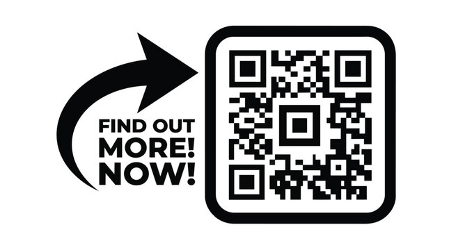 Bold Black Arrow Pointing to QR Code with Find Out More Now Text
