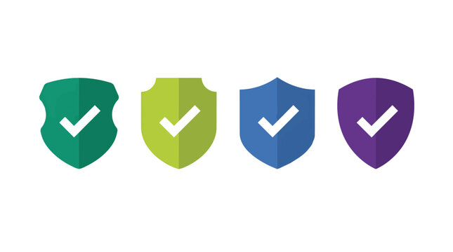 Colorful Shield Icons with Checkmark on White
