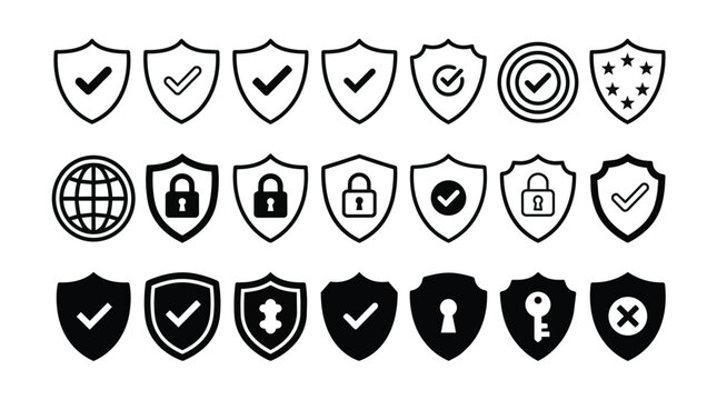 Shield Icons Set with Check Marks Locks and Globe