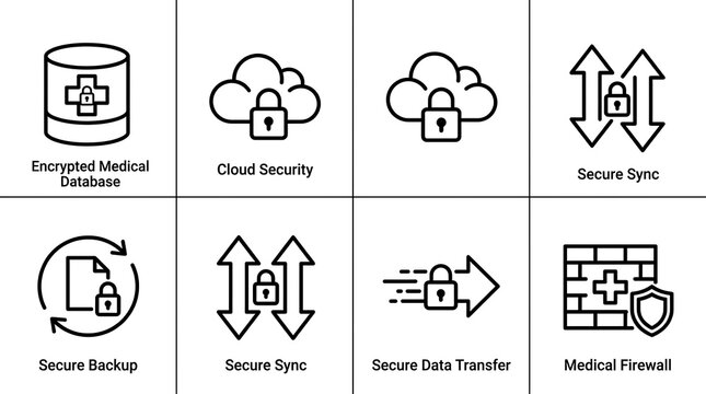 Medical Data Security and Cloud Privacy Icon Set