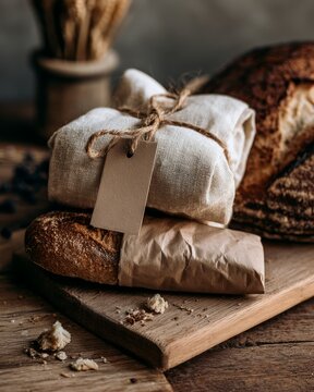 Reusable bakery cloth bag and wrapped bread loaf on wooden cutting board