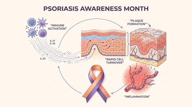 Psoriasis Awareness Month infographic comparing healthy skin with inflammatory plaque development