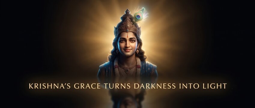 Lord Krishna Divine Grace &ndash; Light Over Darkness Spiritual Banner