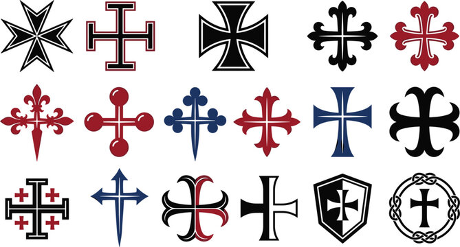 Medieval Christian Cross Collection with Crusader Templar and Heraldic Religious Vector Illustration SetMedieval Christian Cross Collection