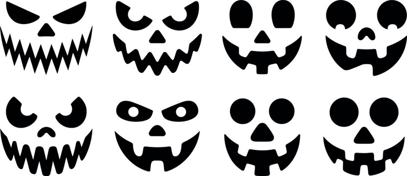 Halloween Pumpkin Carving Faces Vector Collection with Scary Evil and Cute Jack O Lantern Expressions
