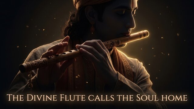 Lord Krishna Flute Portrait &ndash; Spiritual Devotional Quote Banner