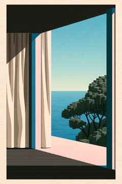 A minimalist and high-contrast graphic art print showing a tranquil view of the sea and coastal trees through a modern architectural frame.