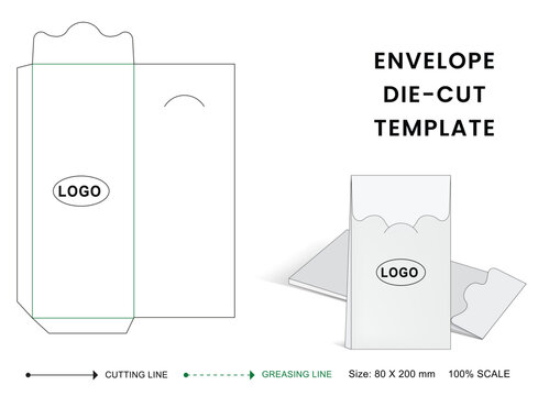 A professional envelope die-cut template featuring cutting and creasing guide lines with a clean layout.