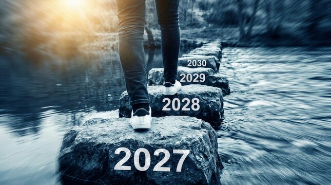 Walking into Future, Person Stepping on Stones with Years Text Crossing River Concept