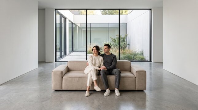 A young couple sits on a modern beige sofa in a minimalist luxury living room, highlighting elegant home design for lifestyle use.