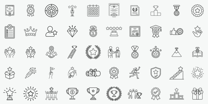 Minimalist award line icons set, 50 achievement and success vector symbols, thin stroke trophy and medal graphics for business recognition