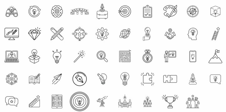 Minimalist creative process line icons, set of 50 thin stroke vector symbols for innovation and brainstorming, professional business startup graphics