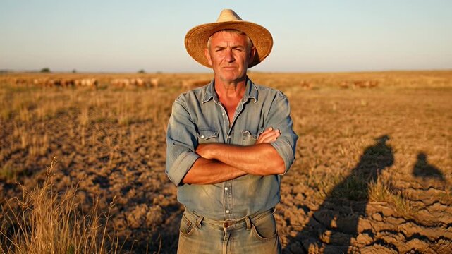 ?Confident farmer standing proudly in dry field under clear sky
