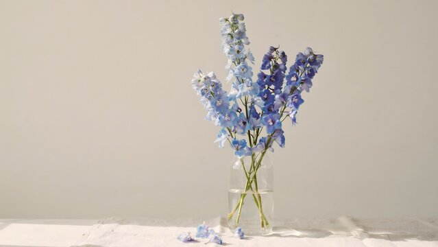 Blue delphinium flowers in tall glass vase &ndash; Ideal for elegant interiors, spring flora, or calm background.