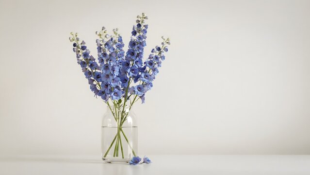 Tall blue delphinium stems in clear vase &ndash; Great for vertical composition, floral design, or fresh home decor.