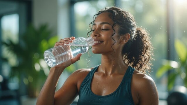 Woman Drinking Water from Bottle After Workout