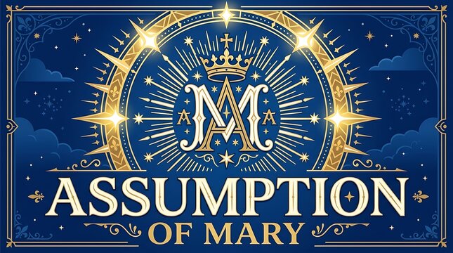 Marian monogram with radiant halo, giant ASSUMPTION OF MARY typography, elegant flat vector design