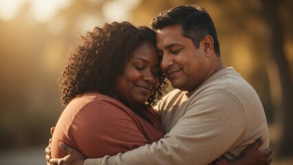 Fototapeta premium Loving Couple Embracing Outdoors at Golden Hour Sunset