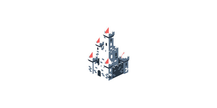 Isometric illustration of a fairytale castle with pink roof turrets.