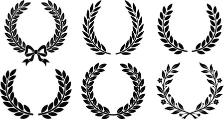 Obraz premium Laurel Wreath Icon Set with Black Silhouette Ribbon Bow Olive Branch and Floral Leaf Elements for Heraldic Crest Award Winner and Premium Logo Designs