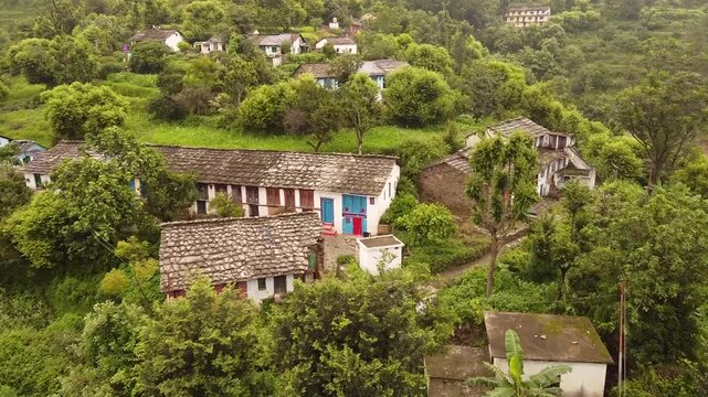 An aerial view of the village houses of Uttarakhand during monsoons. Their roofs are made of slate also known as pataal 