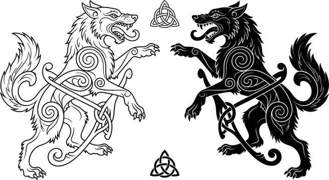 Norse Mythology Fenrir Wolf Heraldic Set with Triquetra Trinity Symbols and Intricate Celtic Swirls for Pagan Tribal Tattoos and Medieval Graphic Vector Designs