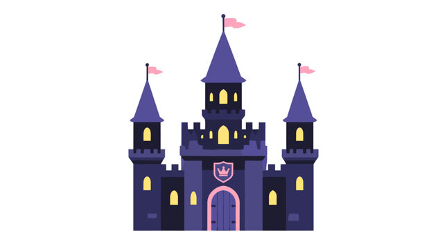 Purple Castle with Towers and Flags Illustration.