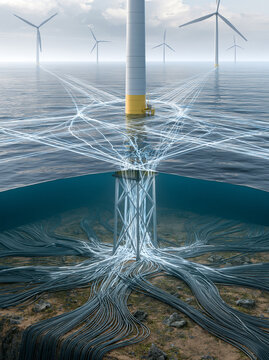 A detailed, stylized cross-section illustration showing the electrical cabling system connecting multiple offshore wind turbines to an underwater foundation hub.
