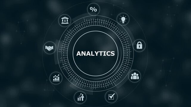 Digital interface showing the word analytics surrounded by a circular menu with various business on a dark blue background with light nodes