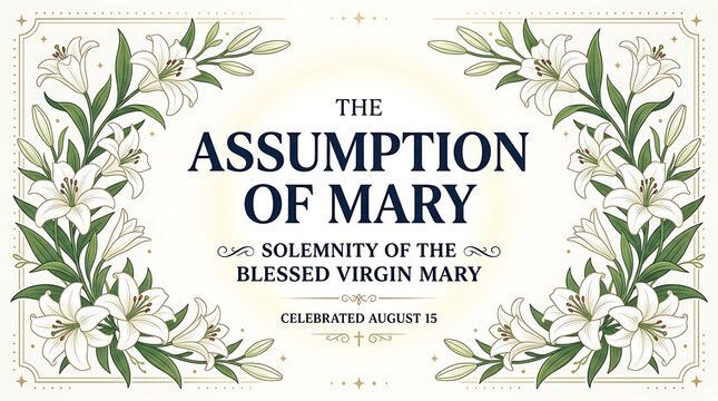 Bold ASSUMPTION OF MARY lettering surrounded by white lilies in a simple religious vector banner