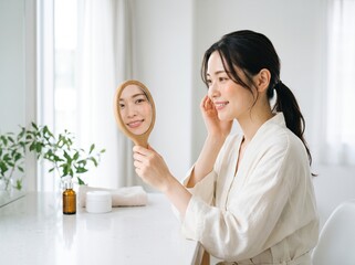 Obraz premium Japanese Woman Examining Her Clear Healthy Complexion in a Hand Mirror for Bright Premium Skincare Beauty Commercial