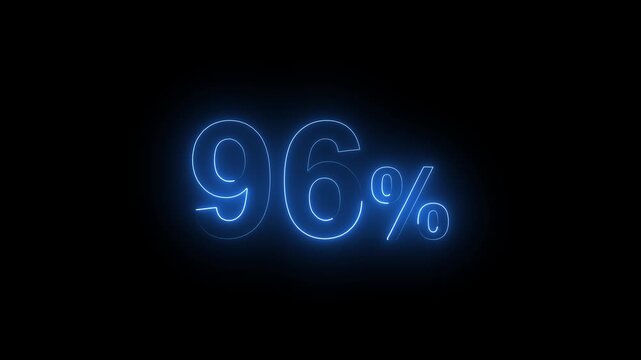 Glowing Neon Blue 96 Percent Sign Animation on Black Background. Percentage Number.