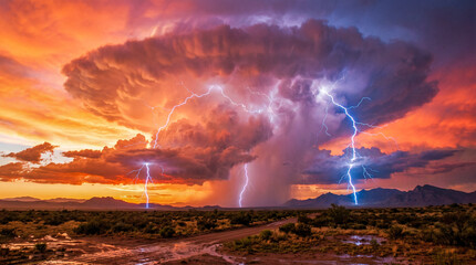 Fototapeta premium Espectacular tormenta eléctrica con imponentes nubes acumulonimbo y potentes rayos ilumina el cielo al atardecer.
