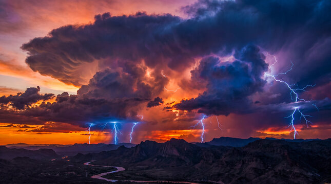 Espectacular tormenta el&eacute;ctrica con imponentes nubes acumulonimbo y potentes rayos ilumina el cielo al atardecer.