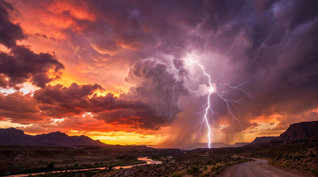 Espectacular tormenta el&eacute;ctrica con imponentes nubes acumulonimbo y potentes rayos ilumina el cielo al atardecer.