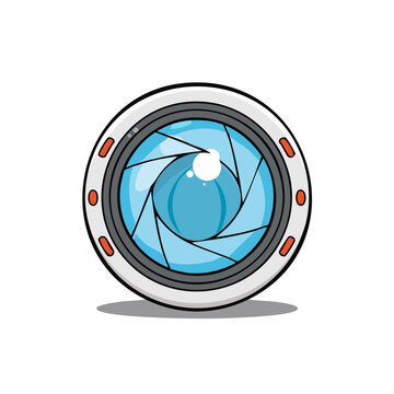Close up of a camera lens aperture with blue glass and metallic housing
