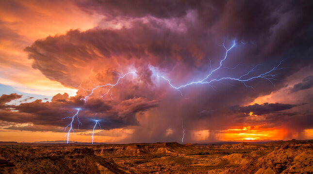 Espectacular tormenta el&eacute;ctrica con imponentes nubes acumulonimbo y potentes rayos ilumina el cielo al atardecer.