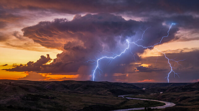 Espectacular tormenta el&eacute;ctrica con imponentes nubes acumulonimbo y potentes rayos ilumina el cielo al atardecer.