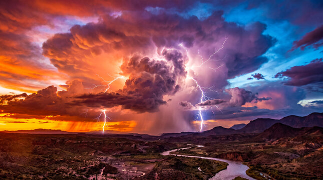 Espectacular tormenta el&eacute;ctrica con imponentes nubes acumulonimbo y potentes rayos ilumina el cielo al atardecer.