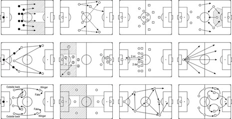 Soccer Training Drill Field Diagram Outline Vector Set with Tactical Coaching Practice Layouts © MehenajParvin