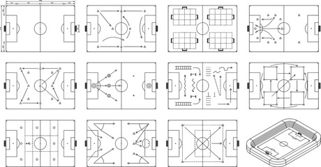 Isometric Soccer Training Drill Field Layout Outline Vector Set for Coaching and Practice Planning © MehenajParvin